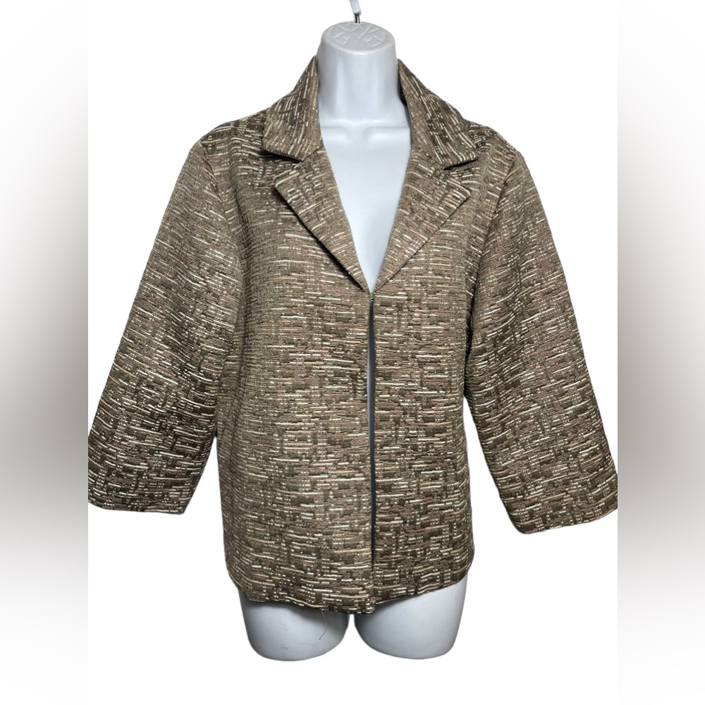 Chico's Textured Metallic Taupe & Gold Zip-Front Blazer (Bin 13)